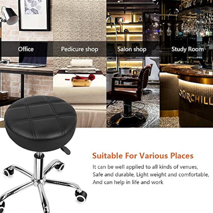 KKTONER Round Rolling Stool Chair PU Leather Height Adjustable Shop Stool Swivel Drafting Work SPA Salon Stools with Wheels Office Chair (Black)