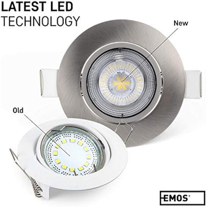 EMOS LED Spot Lights Ceiling Round 5W / 450lm, 6500K Cold White | 50° Tilt Swivel Recessed Ceiling Lights, Ultra Slim | Pack of 12 Recessed LED Downlights for Ceiling, Mains Powered, Brushed Silver