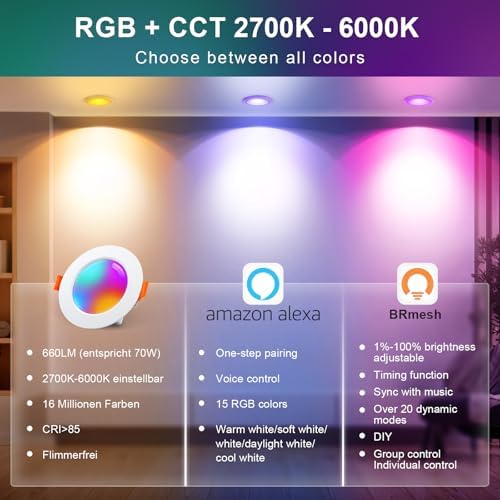 VARICART Smart LED Downlights for Ceiling Alexa, 7W Bluetooth RGB Colour Changing Spot Lights 2700K-6000K, Dimmable Recessed Ceiling Lights, APP Control for Living Room Bedroom Kitchen, 6 Pcs