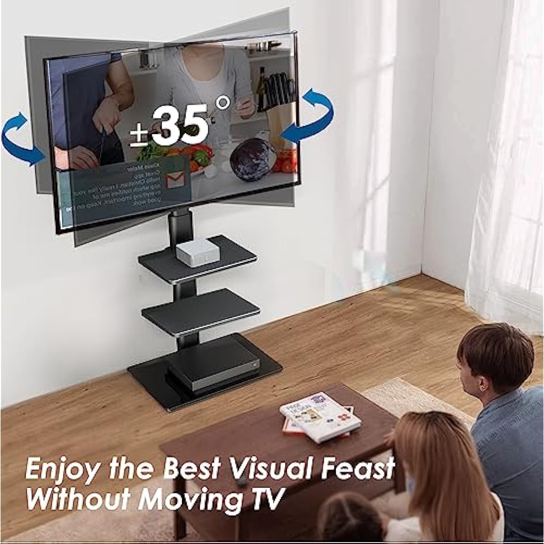 FITUEYES TV Floor Stand for 32-60 Inch, Tall TV Stand with Swivel Bracket, Floor Standing TV Stand with 2 Adjustable Shelves, Max VESA 600x400mm Holds 30kg