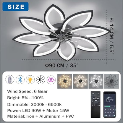 YUNZI Mute Ceiling Fan with Light with Remote Control, LED Dimmable Fan Ceiling Lamp, Modern Ceiling Fan Lighting for Living Room Bedroom Office, Adjustable 6 Speeds, White 90CM
