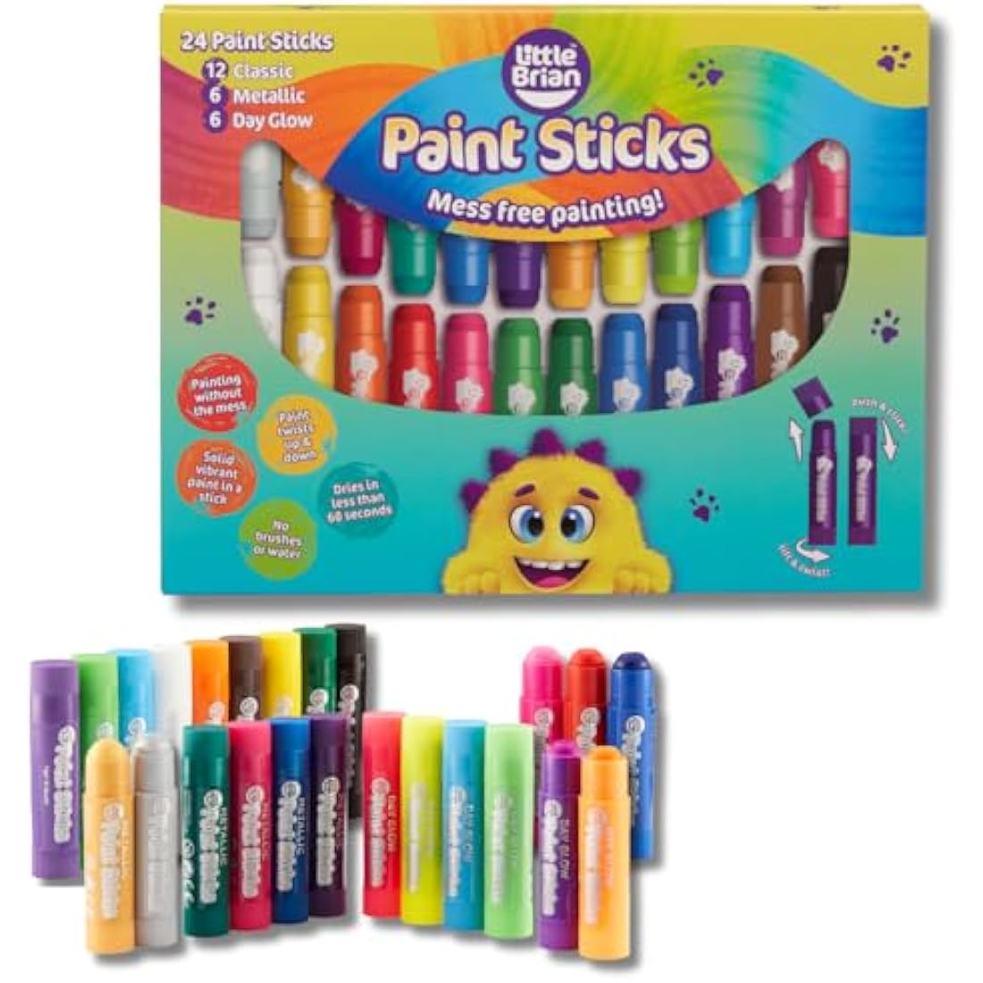 Little Brian Paint Sticks For Kids - 24 Pack Assorted Colours - Mess-Free, Easy Clean Up, Fast Drying Action, Vibrant Colours, Multi-Surface, Twist & Paint