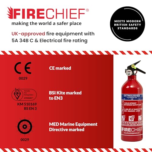 Multi Purpose Powder Fire Extinguisher – Ready to Use in Seconds – 1kg ABC Fire Extinguisher for Home & Kitchen Use – 5 Year Guarantee – Firechief Travel Extinguisher for Cars, Campervans & Caravans