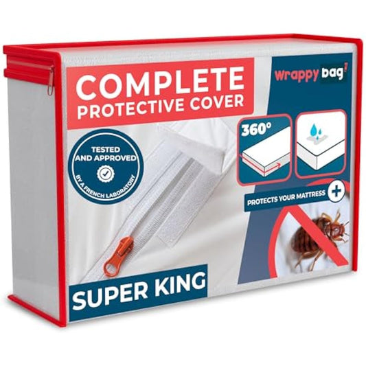 WRAPPYBAG Bed Bugs Mattress Protector - Mattress Cover - Zipped Mattress Protector - Waterproof - Cotton Surface - Super King Size