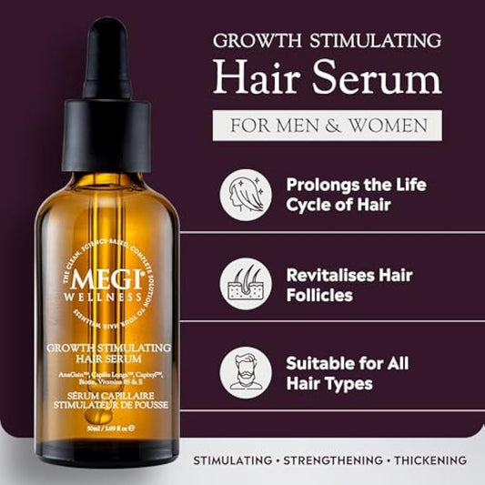 MEGI WELLNESS Stimulating Hair Growth Serum – Natural Minoxidil Alternative with Caffeine, Biotin, AnaGain™, Capilia Longa™ – Clinically Tested Solution for Thinning Hair - Men & Women (50ml)