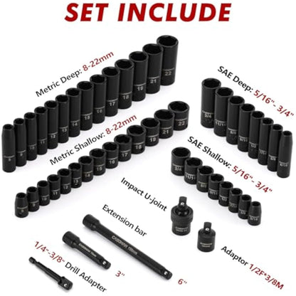 CASOMAN 3/8" Drive Impact Socket Set, 49 Piece Standard SAE and Metric Sizes (5/16-Inch to 3/4-Inch and 8-22 mm), 6 Point, Cr-V Steel Socket Set