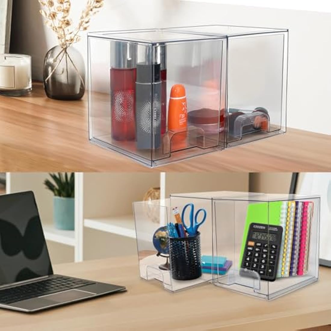 Stackable Makeup Organiser and Storage,Clear Acrylic Cosmetic Drawers with Handles for Dressing Table,Under Counter,Kitchen Cabinets,Pantry, Home Organisation and Storage