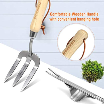 WORKPRO 8-Piece Garden Tools Set, Stainless Steel Hand Tools with Wooden Handle, Including Gloves, Trowel, Weeder, Hand fork, Hand Rake, Transplanter, Pruner and Garden Tote