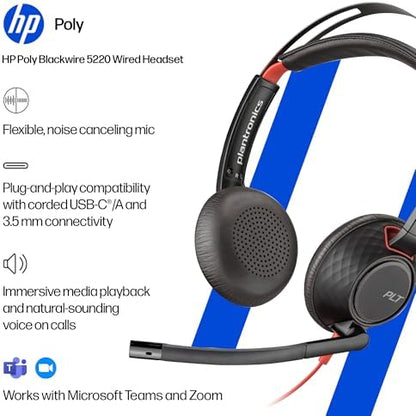 Poly Blackwire 5220 Wired Headset - Flexible Noise-Canceling Boom Mic - Ergonomic Design - Connect to PC/Mac, Mobile via USB-C, USB-A, or 3.5 mm - Works w/Teams, Zoom