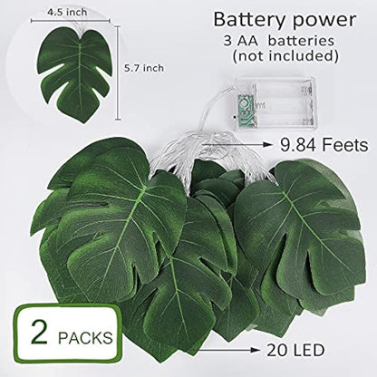 Monstera Leaf String Lights 2 Pack, 20 LED Tropical Artificial Rattan Palm Leaves Wall Hanging Vine Leaf, Summer Decoration for Outdoor Indoor Hawaiian Luau Party Jungle Beach Theme Party Decorations