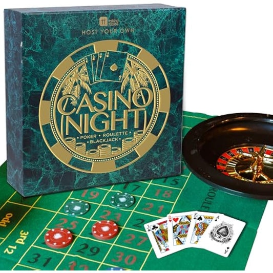 Talking Tables Casino Night Kit Poker, Blackjack, Roulette-Gambling Set for Adults, Gifts for Him | Contains Game Mat, Chips, Money, Balls, Playing Cards, Paper, Plastic, GAMECASINO