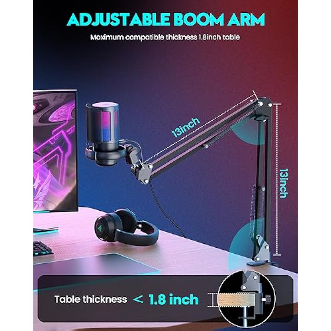 Gaming PC USB Microphone for PC with Boom Arm, USB PC Mic for Podcasts Videos, Streaming, Condenser Mic with Quick Mute, RGB Indicator,Shock Mount,Rotate gain button, Compatible with PS4/5/PC