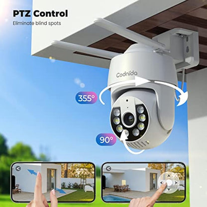 Codnida 2K Security Camera Outdoor, 360° PTZ WiFi Camera, CCTV Camera with 24/7 Recording, PIR Human Detection, Sound and Light Alarm, Support 16-128G SD Card, Works with Alexa