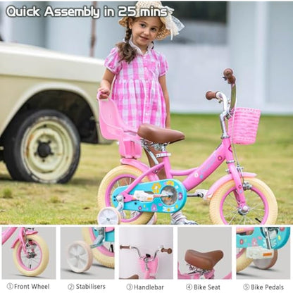Glerc Maggie  14  Inch Kids Bike for 2-13 Years Old, Girls Bicycle with Doll-Seat & Basket & Stabilisers & Kickstand, Multiple Colors
