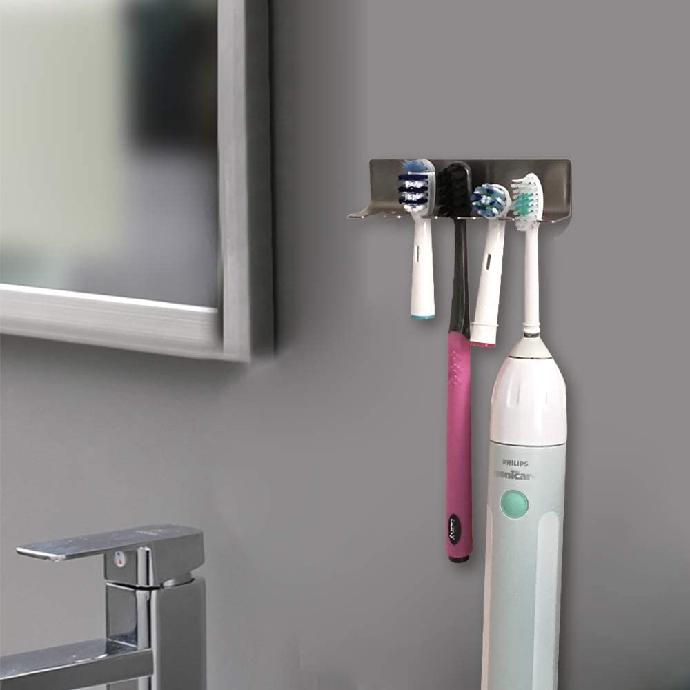 Wall Mounted Toothbrush Holder, Stainless Steel Toothbrush Holder with Self-Adhesive No Drilling Toothbrush Organizer