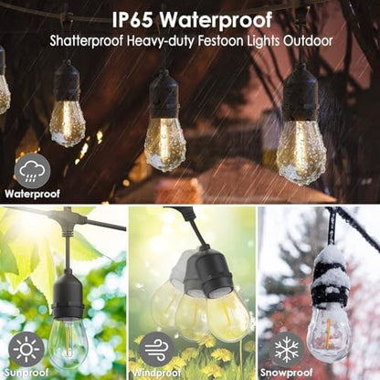 Festoon Lights Outdoor15M IP65, 2.6M Extension Cable Included,15+1 Shatterproof S14 Bulbs 2700K E27 Outside Lights for Pergola, Backyard, Linkable