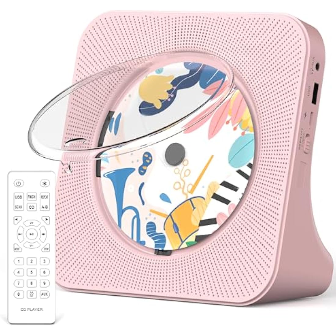 Greadio Portable CD Player with Bluetooth 5.0, Desktop CD Players for Home, CD Music Player with Speakers, Remote Control, Dust Cover, FM Radio, LCD Display, AUX, USB, Headphone Jack, Pink
