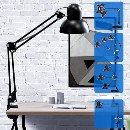 LONGTOO Bigger Table Lamp with E27 Screw Bulb, Flexible Clamp on Desk Light, Adjustable 65cm Swing Arm Light for Office, Bedside, Studying, and Reading