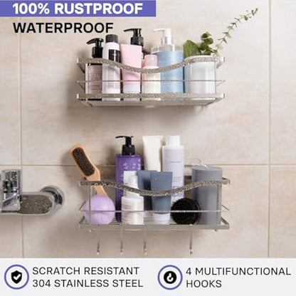 KINCMAX Shower Shelves 2-Pack - Self Adhesive Shower Caddy with 4 Hooks - No Drill Large Capacity Stainless Steel Wall Shelf - Shower Organiser for Inside Bathroom - Matte Black