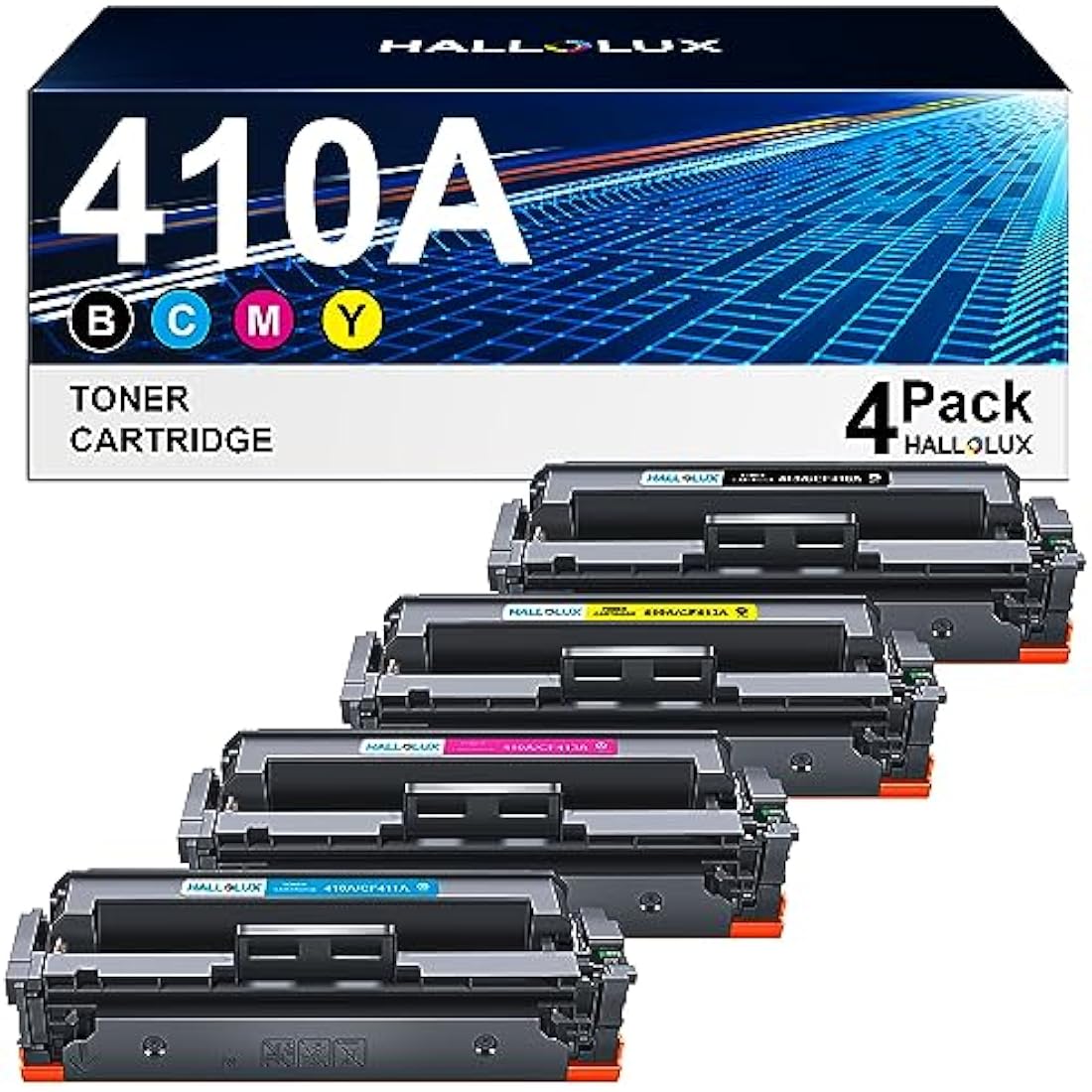 HALLOLUX 410A Compatible Toner Cartridges Replacement for HP CF410A 410X CF410X for Color LaserJet Pro M477fdw M477fnw M477fdn M452nw M377dw M452dn M452dw M477dw (Black Cyan Magenta Yellow, 4-Pack)