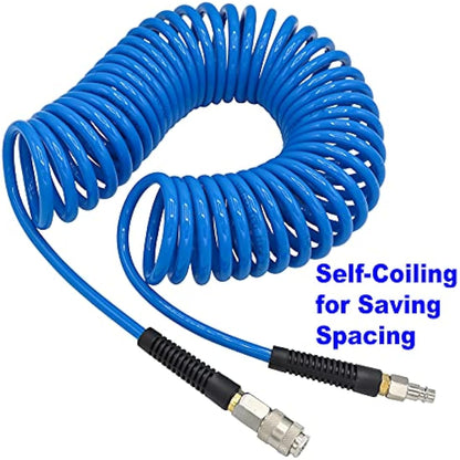 YOTOO 2 Pcs Air Compressor Hose Polyurethane Recoil 10m Long 6mm ID x 9.5mm OD with Bend Restrictor, 1/4" Europe Quick Coupler and Plug, Blue