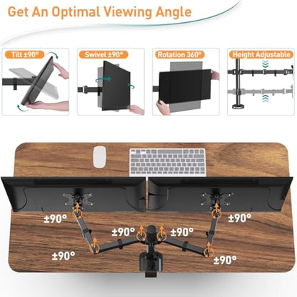 ELIVED Dual Monitor Arms for 13-32 inch LED LCD Screens, Flat/Curved, VESA 75/100mm, Adjustable Height, Tilt & Swivel, Up to 8KG, EV002