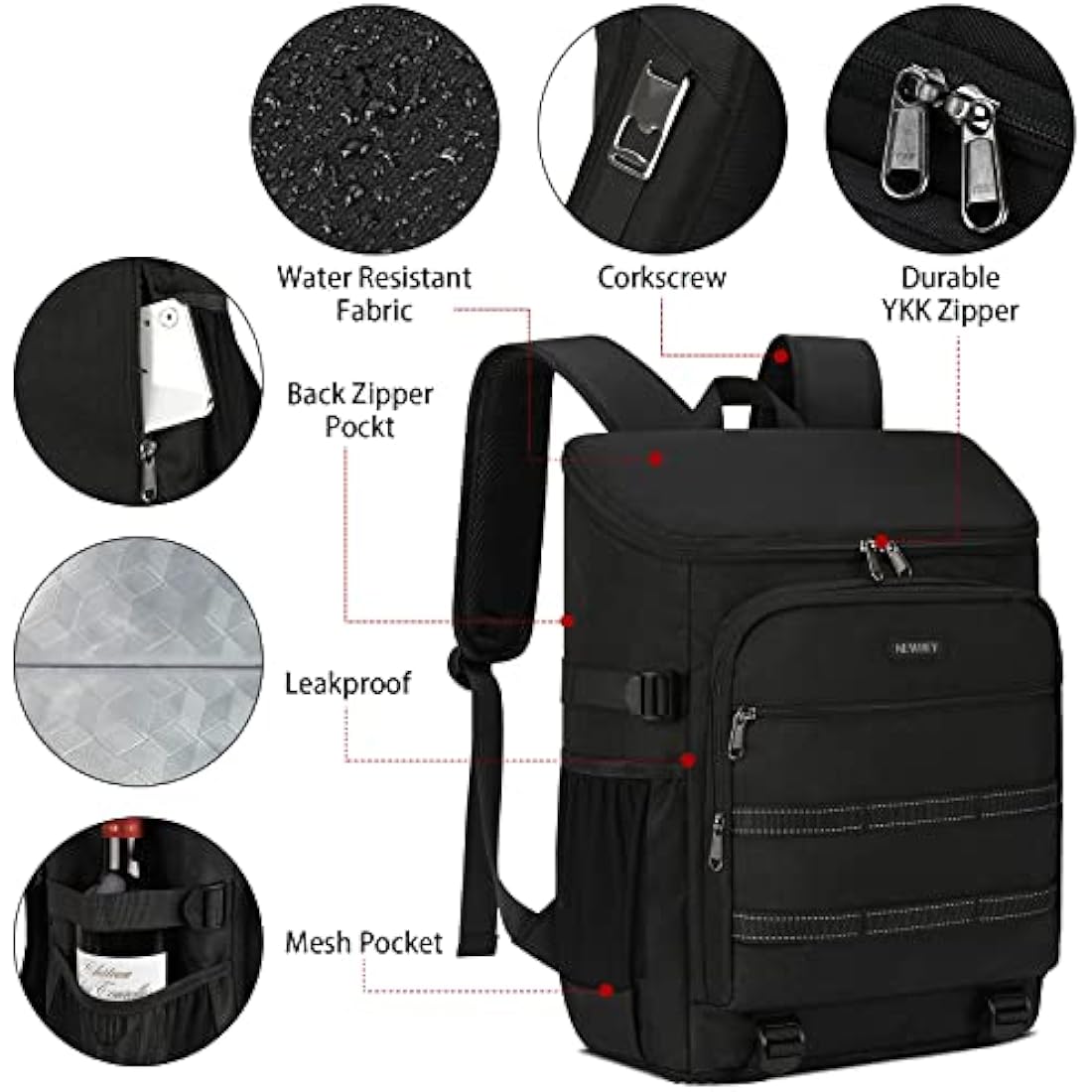 NEWHEY Cooler Bag Picnic Backpack Insulated Large Waterproof Cooler Backpack 30L Leakproof Picnic Linch Bag for Camping Picnic Hiking BBQ Beach Black
