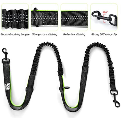 SHINE HAI Retractable Hands Free Dog Leash with Dual Bungees for 2 Dogs, Adjustable Waist Belt, Reflective Stitching Leash for Running Walking Hiking Jogging Biking Black - Green