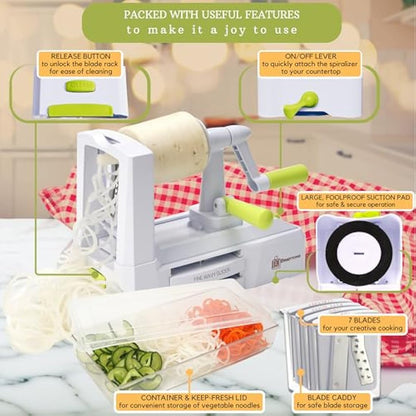 Brieftons 7-Blade Vegetable Spiralizer: Strongest-Heaviest Spiral Slicer, Best Veggie Pasta Spaghetti Maker for Low Carb/Paleo/Gluten-Free Meals, with Blade Caddy, Container, Lid & 4 Recipe Ebooks