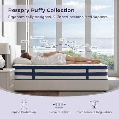 Resspry Single Mattress 3FT, 12 Inch Memory Foam Sprung Hybrid Mattress, 9-Zone Personalized Support for All Sleepers, Medium Firm Puffy Collection, 100 Night Home Trial
