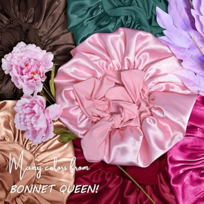 BONNET QUEEN Silk Bonnet for Sleeping for Curly Hair, Satin Bonnet Hair Wrap for Women & Men, Adjustable Silk Scarf Night Cap with Tie Band, Hot Pink