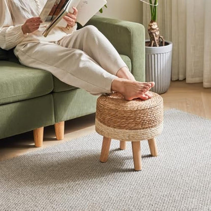 YMYNY Footstool Natural Seagrass Hand Weave, Pastoral Style Footrest, Padded Foot Rest with Non-Skid Pine Legs, Wooden Sofa Stools, for Living Room, Bedroom, 32×32×32CM, Beige HBD027W