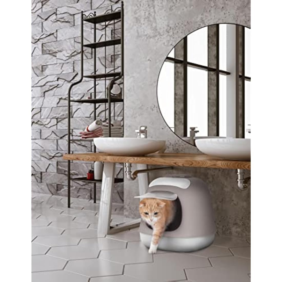 UNITED PETS Minù Katzentoilette/Katzentoilette, Design, Made in Italy, with Schaufel and Filter, White with Taupe-Grey Accent, Closed Hygienic Cat Litter Box