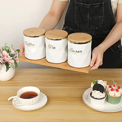 BTSKY White Ceramic Sugar Coffee Tea Canisters with Lid and Tray - Airtight Set of 3 Storage Canisters Food Storage Containers Pots Jars with Bamboo Lid for Kitchen Counter