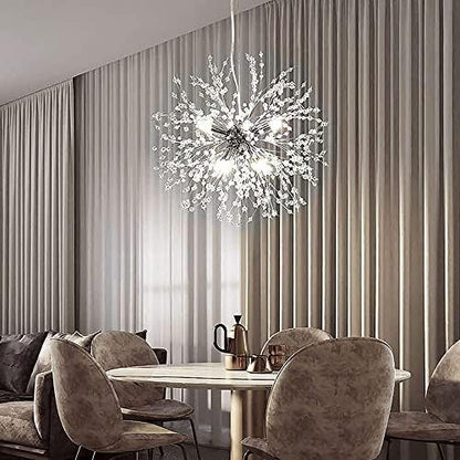 PIAOPIAO Modern Firework Chandeliers Dandelion Pendant Light, 8 Lights G9 Lamps Alloy Fixtures - with Bulb and 32 Strings Crystal, for Living Room, Bedroom, Dining, Foyer, Shop (Cold Light, Silver)