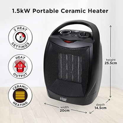 Russell Hobbs 1500W/1.5KW Electric Heater Black PTC Ceramic Space Heater, Portable Upright, 2 Heat Settings, Overheat Protection, Adjustable Thermostat, 15m2 Room Size, RHFH1006B, 2 Year Guarantee