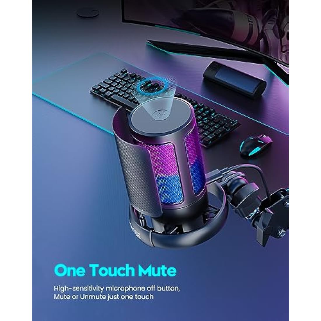 Gaming PC USB Microphone for PC with Boom Arm, USB PC Mic for Podcasts Videos, Streaming, Condenser Mic with Quick Mute, RGB Indicator,Shock Mount,Rotate gain button, Compatible with PS4/5/PC
