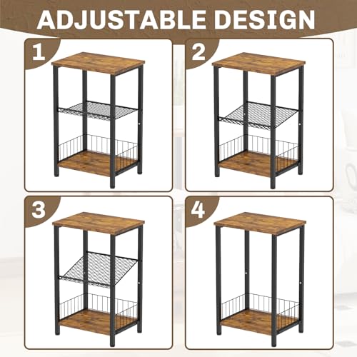 iDavosic.ly 3-Tier Side Table Set of 2, Industrial End Table Nightstand Small Table, Retro Bedside Table Cabinet Organizer for Living Room, Bedroom,