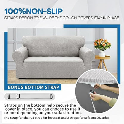 XINEAGE High Stretch Sofa Covers 3 Seater Latest Jacquard 1 Piece Sofa Slipcovers Living Room Universal Couch Covers for Dogs Pet Non Slip Sofa Furniture Protector Washable (3 Seater, Silver Grey)
