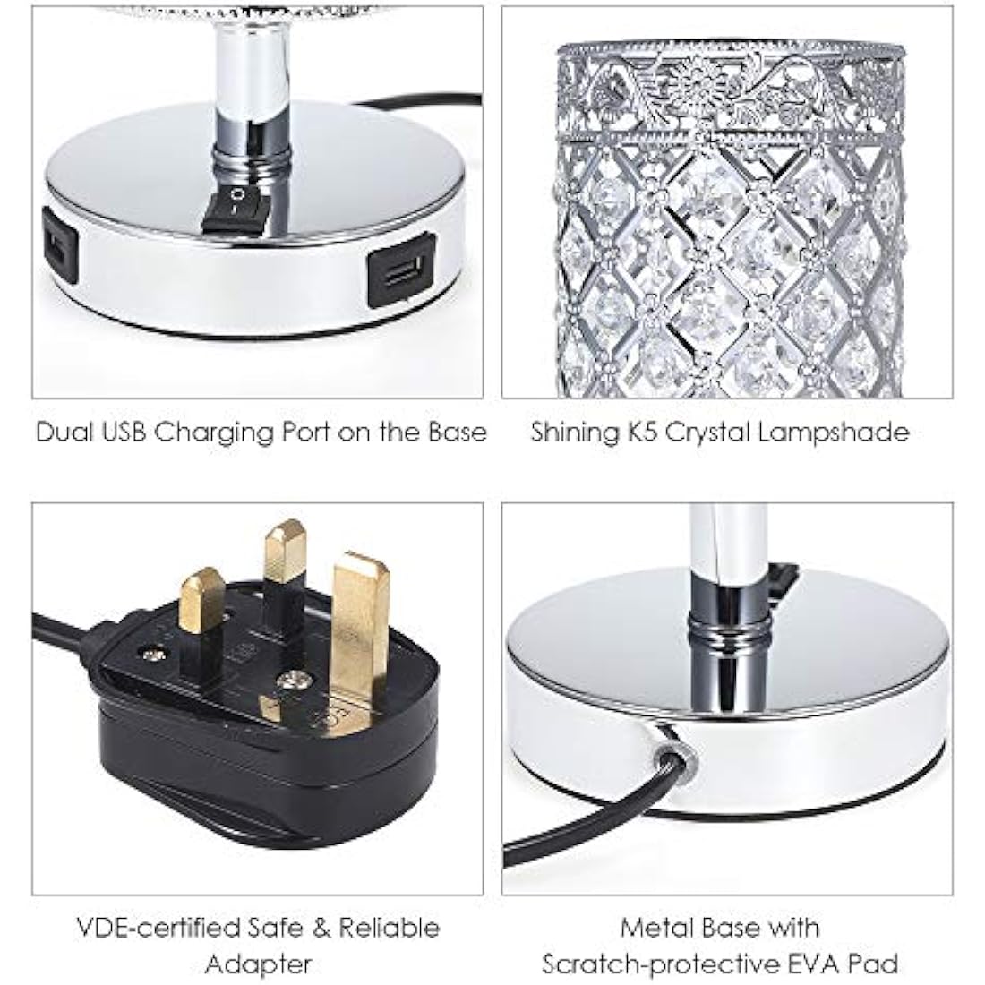 Tomshine Crystal Bedside Table Lamp with Dual USB,Modern Sliver Light E27 Glitter Lampshade with 2 USB Port Bedroom Nightstand Light for Bedroom,Living Room