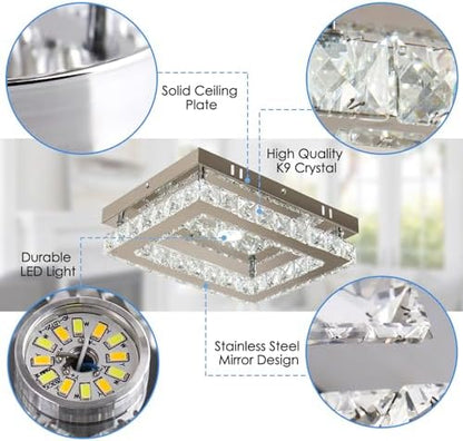 Finktonglan Modern LED Crystal Ceiling Light Rectangular Ceiling Lamp K9 Stainless Steel Flush Mount Chandelier Ceiling Lights Fixture for Dining Room Living Room Bedroom (Dimmable)