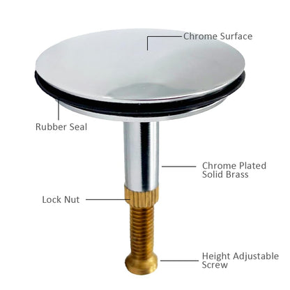 Pop Up Bath Plug 43mm Cover/ 8mm Pole Adjustable, Solid Brass Chrome Bathtub Drain Stopper, Chonphan Tub Plug Stopper