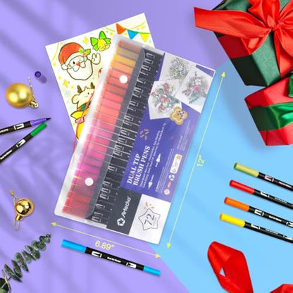 Artecho 72 Dual Tip Brush Pens, Colouring pens for Adult, felt tip pens, Colouring Books, Calligraphy, Drawing, Sketching, nylon tip for Artists, Beginners