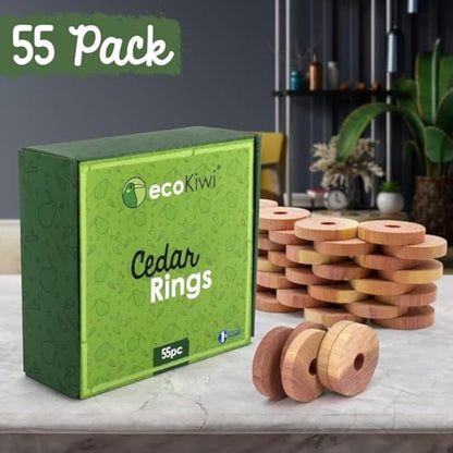 ecoKiwi Moth Repellent for Wardrobes Cedar Rings - 55 Pack - 100% Natural Cedar Balls - Anti Moth Products - Cedarwood Oil Moth Repellent for Rooms & Clothes - Moth Balls for Wardrobe with Sandpaper