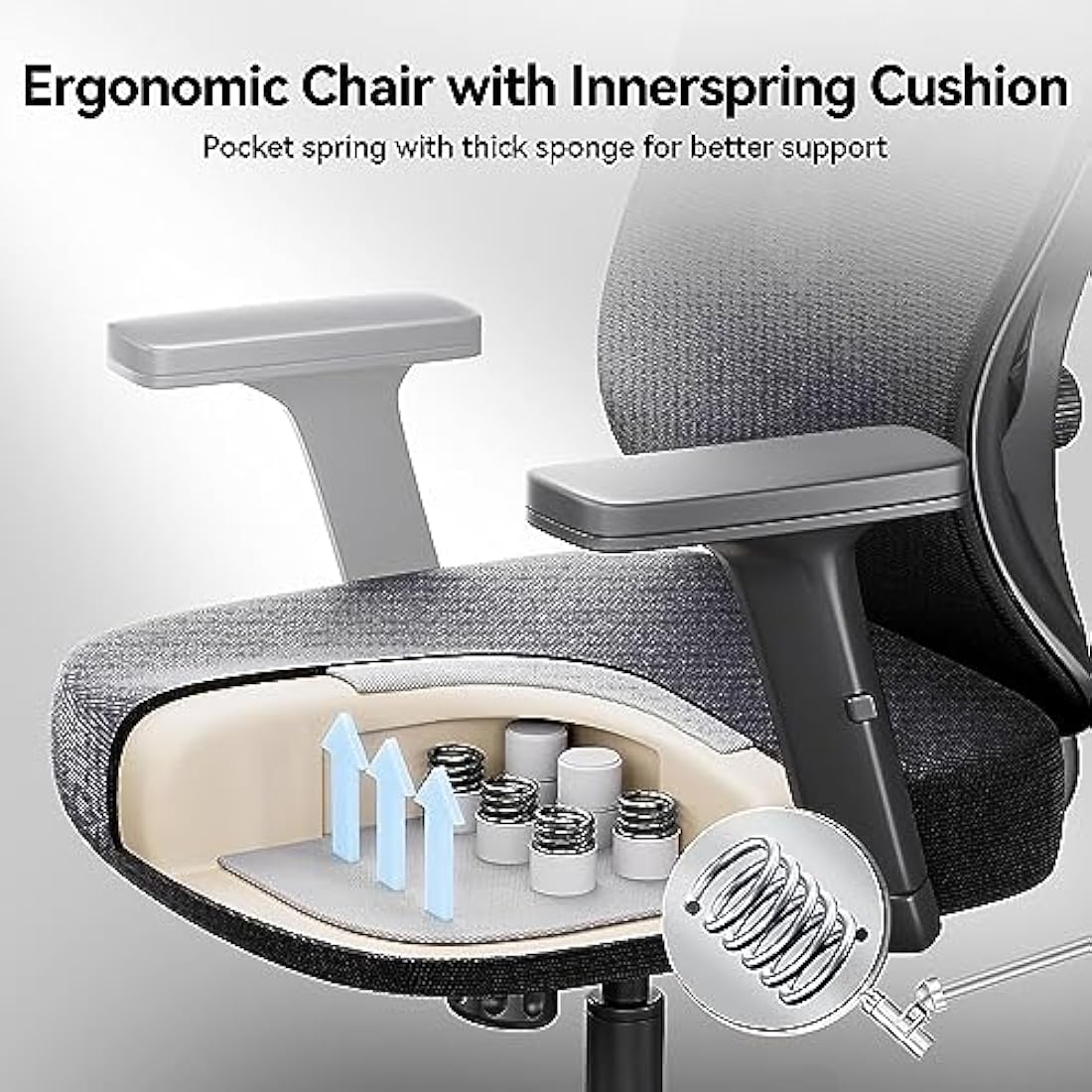Hbada P5 Ergonomic Office Chair with Adjustable Headrest and Lumbar Support, Comfy Spring Seat Cushion Support Computer Chair Tilt Function Swivel Mesh with Footrest