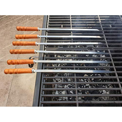 Kebab BBQ Stainless Steel Skewers 6pcs with Wooden Handles. Skewer Length 41cm. Blade Length 30cm Width 1cm Thick 2mm with Storage Pouch