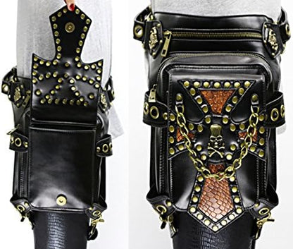FiveloveTwo® Steampunk Vintage PU Leather Waist Pack Hiking Fanny Pack Small Purse Multi-purpose Tactical Drop Leg Arm Shoulder Bag with Hip Belt