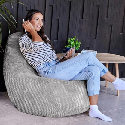 icon Dalton Cord Recliner Bean Bag, Grey, Large Adult Bean Bag Chair with Filling Included, Comfy Chair, Living Room Furniture, Bedroom Furniture