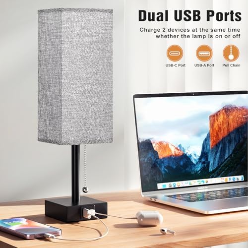 Aooshine Bedside Lamps Set of 2, Bedside Lamps with USB A+C Ports, Table Lamp for Bedroom with 3-Color Modes, Pull Chain Lamp with Grey Square Fabric Shade for Bedroom Living Room (Bulb Included)