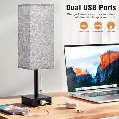 Aooshine Bedside Lamps Set of 2, Bedside Lamps with USB A+C Ports, Table Lamp for Bedroom with 3-Color Modes, Pull Chain Lamp with Grey Square Fabric Shade for Bedroom Living Room (Bulb Included)